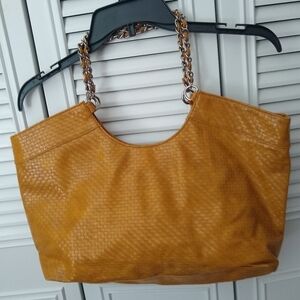 Woven Faux Leather Tote Chain Gold Tone Straps Bag
